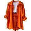 2024 Autumn Women's Two-Piece Set: Wrinkled Long Sleeve Shirt & High Waist Drawstring Shorts