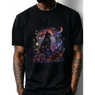 European Sizes Men'S Gothic Black Cat & Moon T-Shirt | Mystical Night Sky Design with Glowing Fairy, Short Sleeve, Round Neck