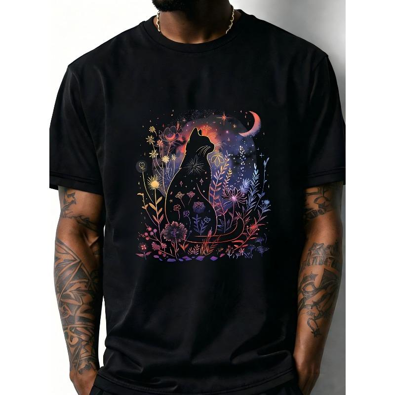 

European sizes Men S Gothic Black Cat & Moon T-Shirt | Mystical Night Sky Design with Glowing Fairy, Short Sleeve, Round Neck 4XL чорний