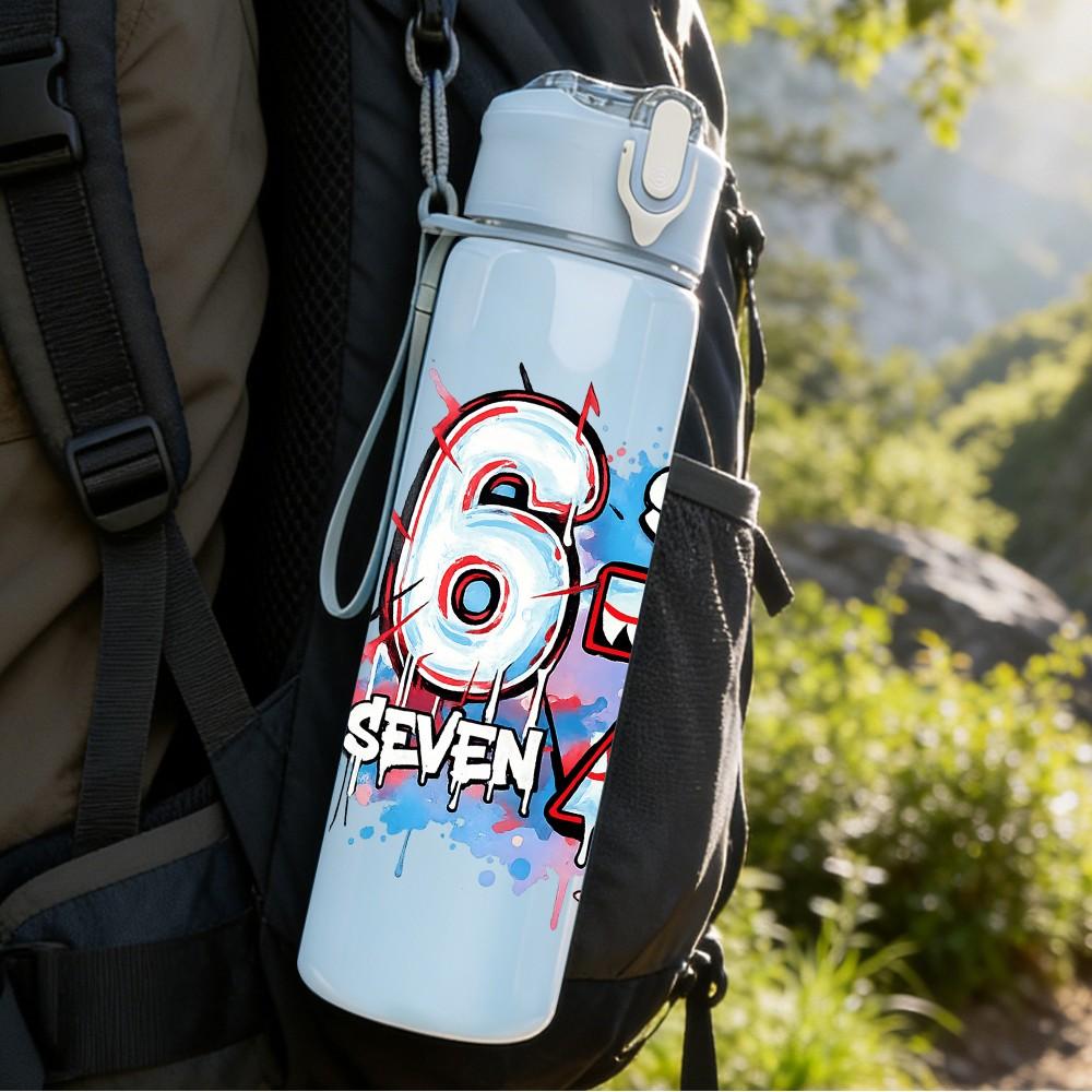 1PC Graffiti Number Six Seven Print 750ml Color Plastic Sports Water Bottle Leakproof Flip Straw Lid Suitable for Sports Office Home Use