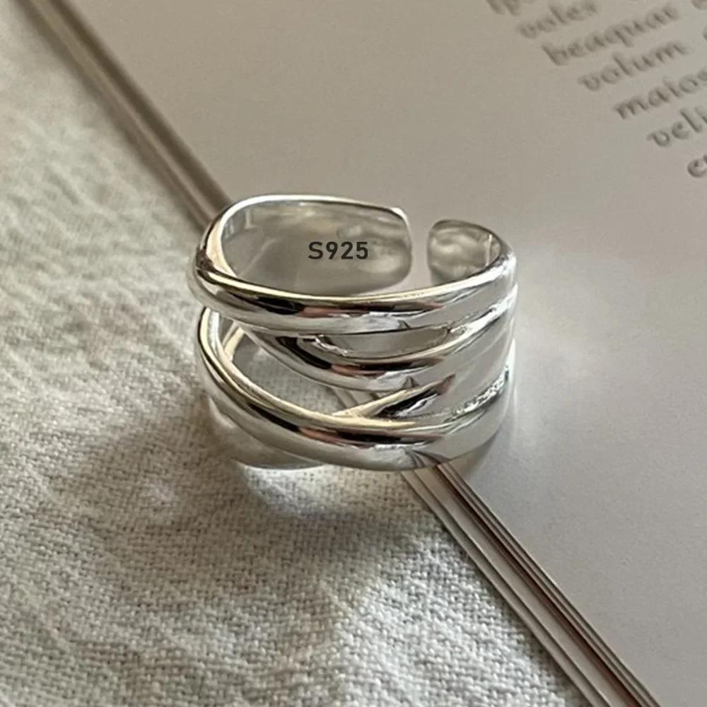 2PCS 925 Silver Ring for Women Jewelry Wide Simple Open Ring Vintage Handmade Ring Allergy for Party Birthday Gift