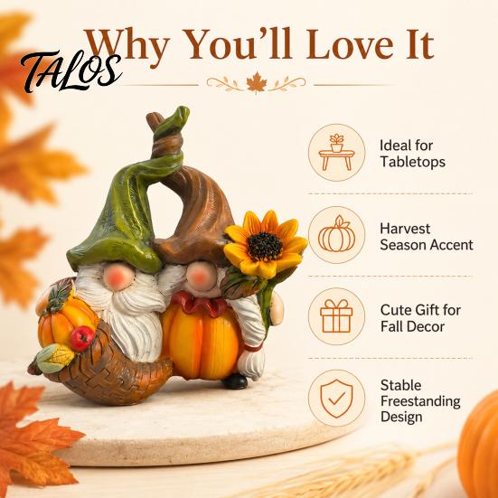 Decorative Crafts for Fall Gnome Ornament, Resin Autumn Harvest Figurines with Pumpkin And Collectible Couple Sunflower Decor Thanksgiving Halloween,