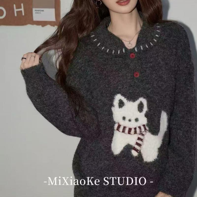 Women's Kitten Jacquard Knit Sweater: New Autumn/Winter Slimming Polo Collar, Age-Reducing Stylish Design.