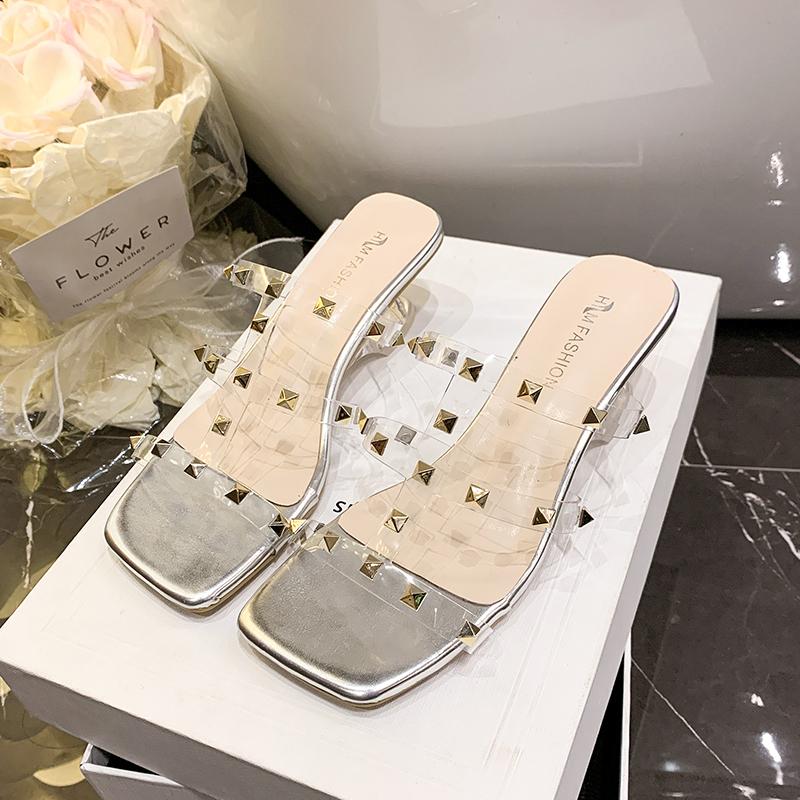 Fashion Transparent Band High Heel Slippers Women 2025 New Rivet Design Square Toe Slides Female Summer Fashion Thick Sole Sandal Mujer