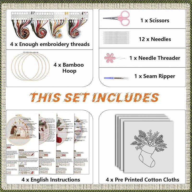 Christmas Embroidery Kits 4 Sets For Adults, For Beginners, Includes Pattern& Crossstitch Projects