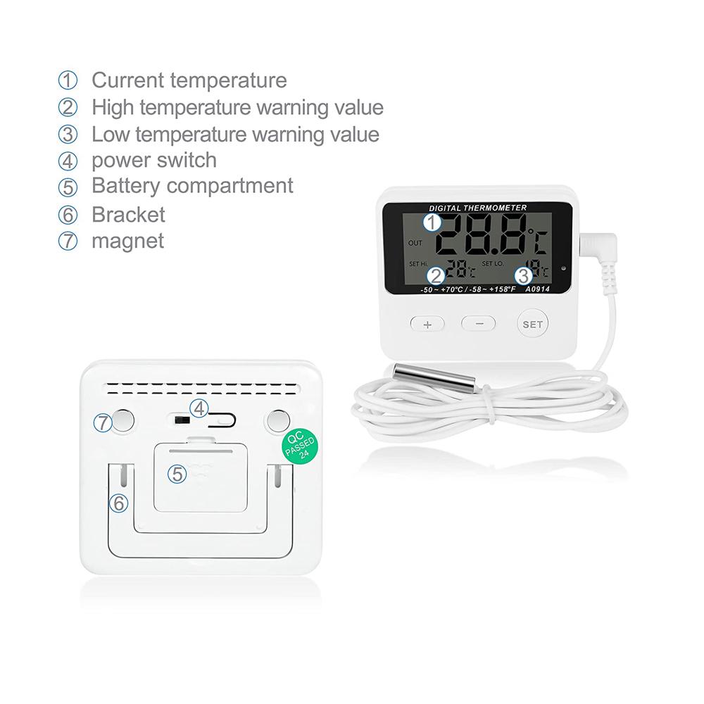 Digitales Kühlschrankthermometer Gefrierschrankthermometer Aquarium Wassertank Messgerät Hoch-Niedrig-Temperaturalarm mit externem Sensor