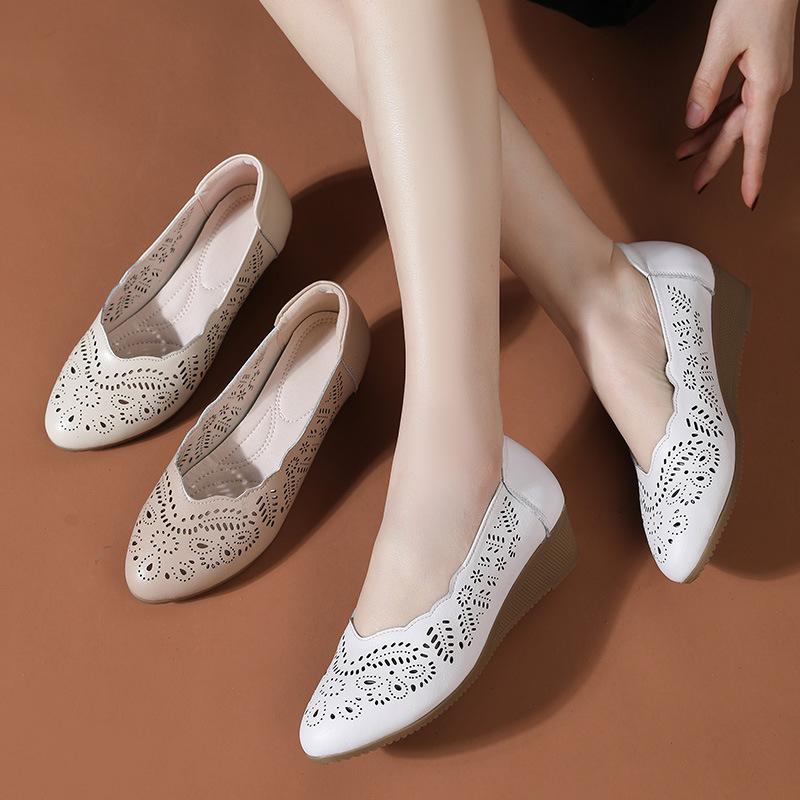 Fashion GKTINOO Genuine Leather Ladies Breathable Hollow Summer Shoes Women Flats Slip-On Sandals Round Toe Soft Wedges Shoes Casual
