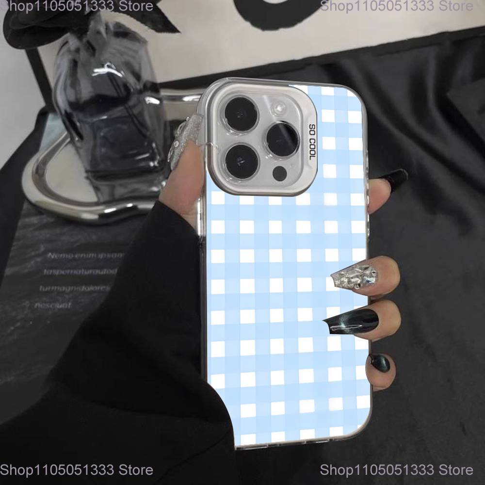 Ins Korean Blue Striped Grid Phone Case For iPhone 17,16,15,14,13,12,Pro,XS,Max,Plus,Mini,SE White Candy Matte Shockproof Cover