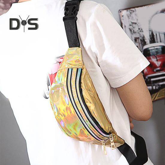 Iridescent Midjeväska Glitter Bältesväska Vattentät Magväska Konstläder Bum Bag med 3 Fickor för Resor Fest Strand Musikfestival