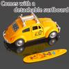 Vintage 1:32 Yellow Beetle Diecast Car With Surfboard Retro Pull-Back Model Toy Open Doors Collectible For Kids  Car Fans