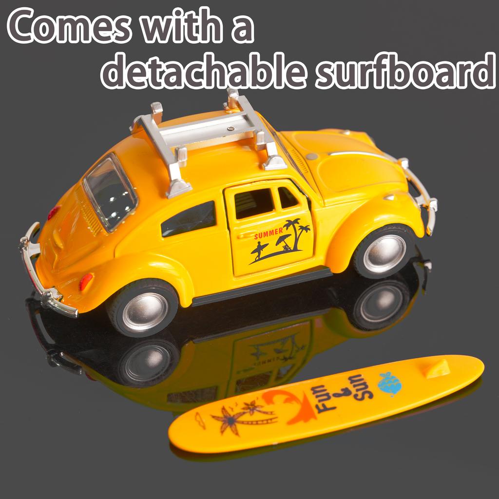 Vintage 1:32 Yellow Beetle Diecast Car With Surfboard Retro Pull-Back Model Toy Open Doors Collectible For Kids Car Fans