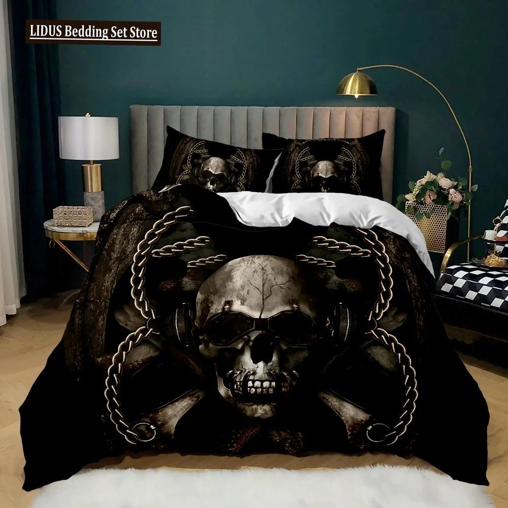 3D Totenkopf Bettbezug Set, Gothic Totenkopf Bettwäsche Sets, Totenkopf Skelett Bettdeckenbezug Full Queen Größe, Halloween Horror Steppdeckenbezug