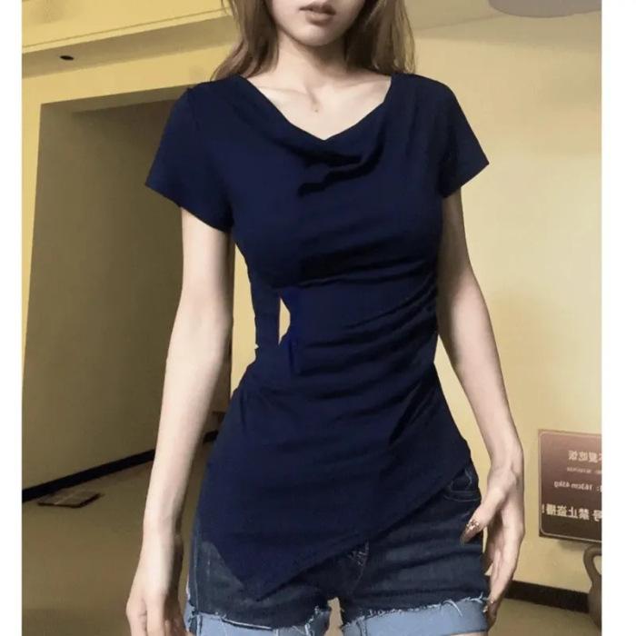 American retro Spice Girl swinging collar short-sleeved t-shirt women's summer new slim and thin irregular hem top ins