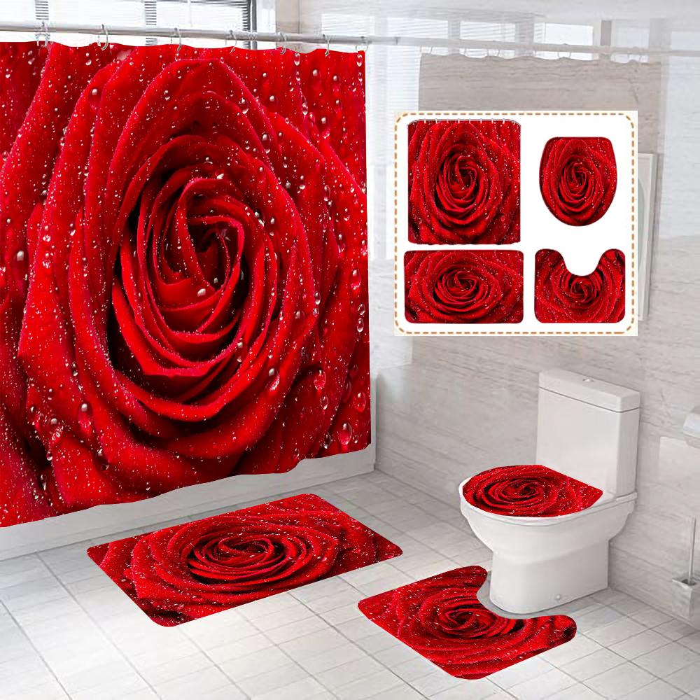 Beautiful Rose Fabric Shower Curtain Red Flowers Bathroom Curtains Pedestal Rug Toilet Lid Cover Non-Slip Carpet Bath Mats Rugs