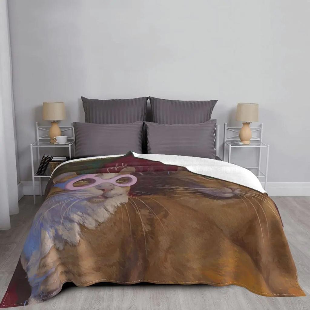 Anime Cat Cute Blankets Fleece Autumn/Winter Animal Pink Glasses Lightweight Throw Blankets for Sofa Outdoor Plush Thin Quilt