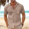 Men's summer retro linen loose Henry shirt casual beach shirt