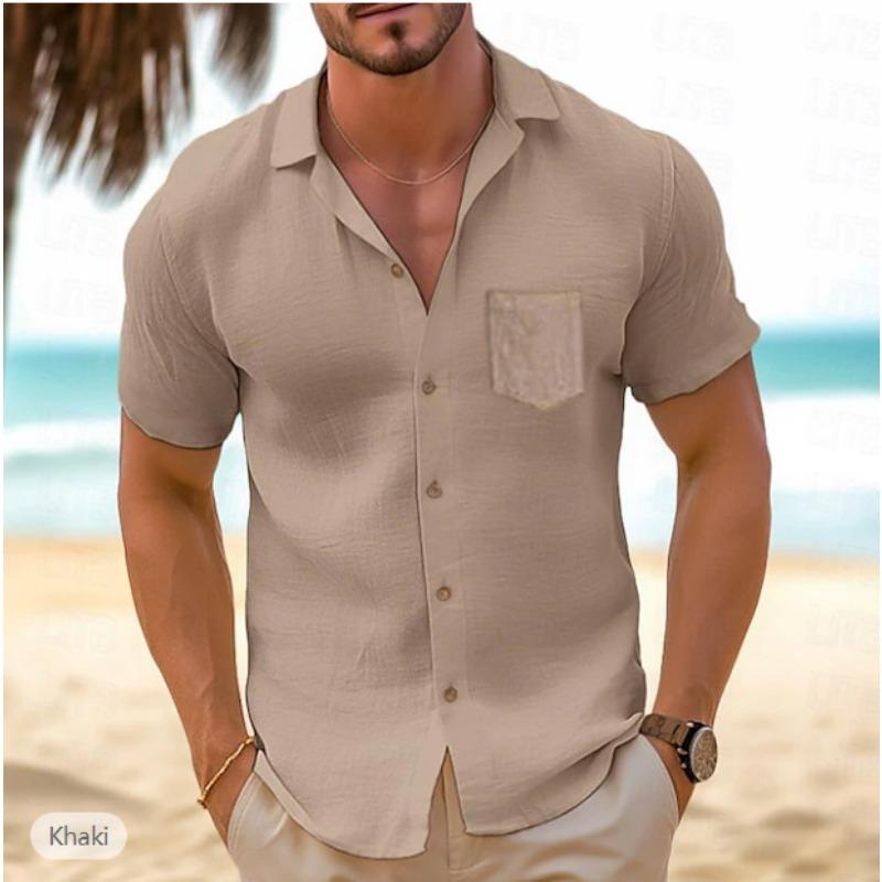 Men's summer retro linen loose Henry shirt casual beach shirt