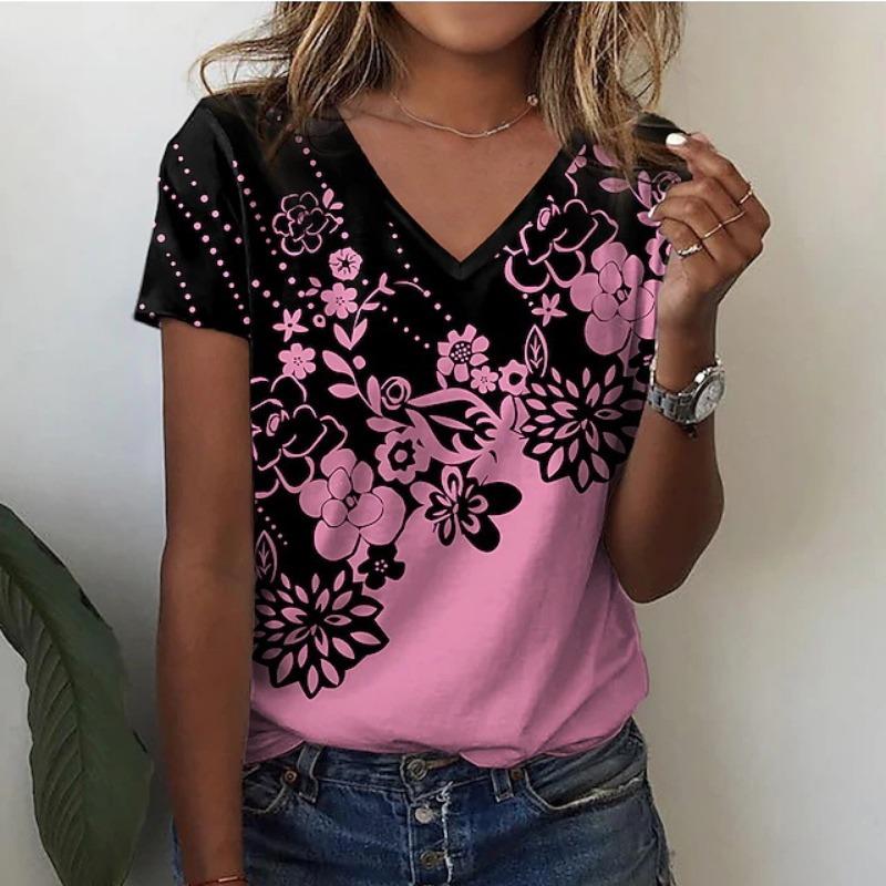 Women V Neck Floral Print Lace Patchwork Short Sleeve Casual T Shirt