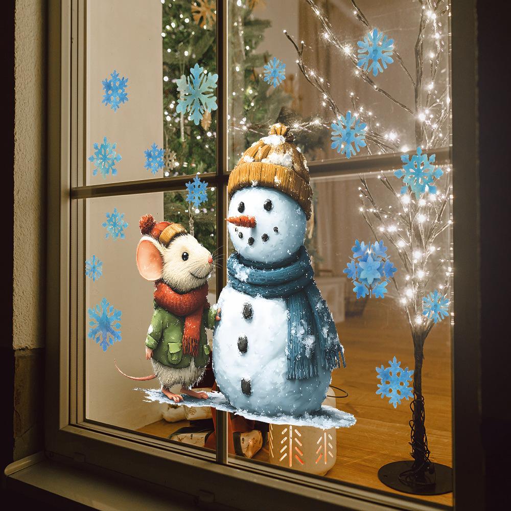 Cartoon Christmas Atmosphere Little Mouse Snowman and Snowflake Glass Door and Window Decorative Stickers