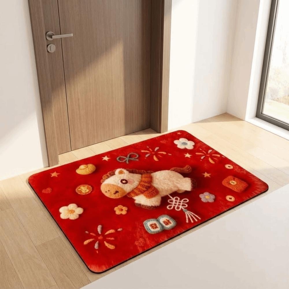 Cute Horse Pattern New Year Door Mat Non-slip Door Carpet Red Soft Foot Mat Home Decorations