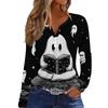 Women's Long Sleeve V-Neck T-Shirt with Button and Halloween Print Casual Top