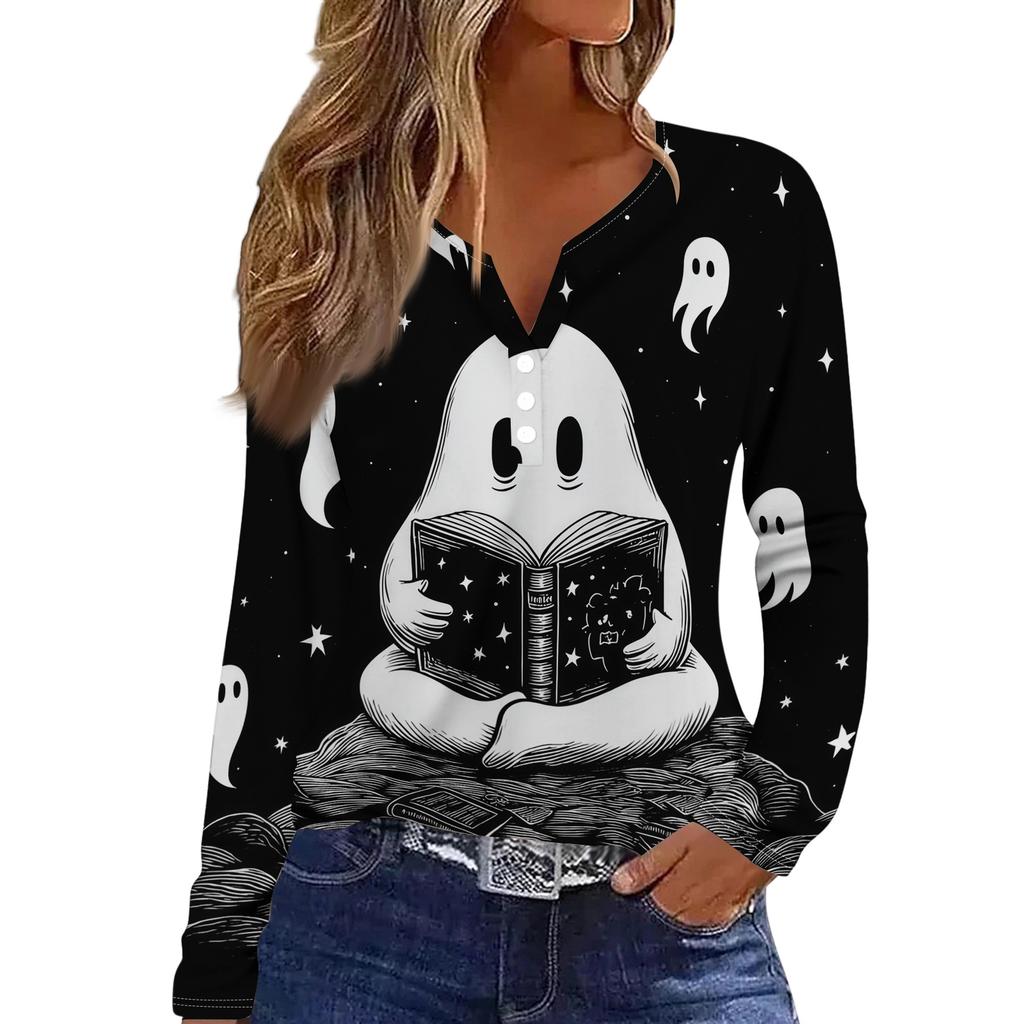 Women's Long Sleeve V-Neck T-Shirt with Button and Halloween Print Casual Top