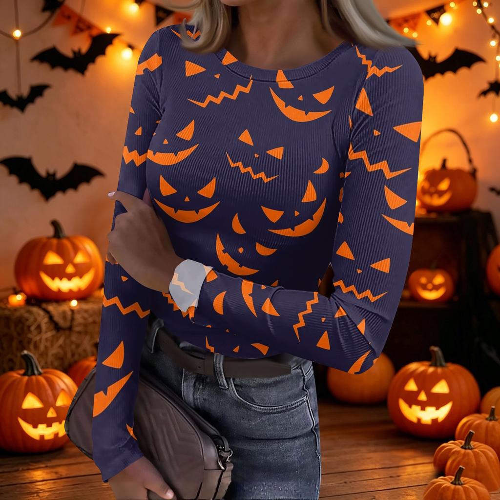 Women's Casual Long Sleeve Ribbed Top Crew Neck Halloween Print Slim Fit Stretchy Lightweight Shirt for Everyday Wear