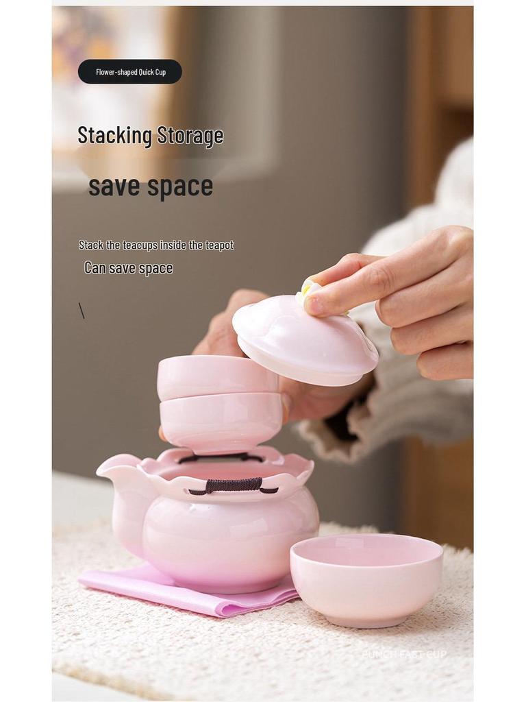 Portable Pink Flower Tea Set with Hand-Grip Pot: Home & Outdoor Quick-Brew Gongfu Set with Storage Bag