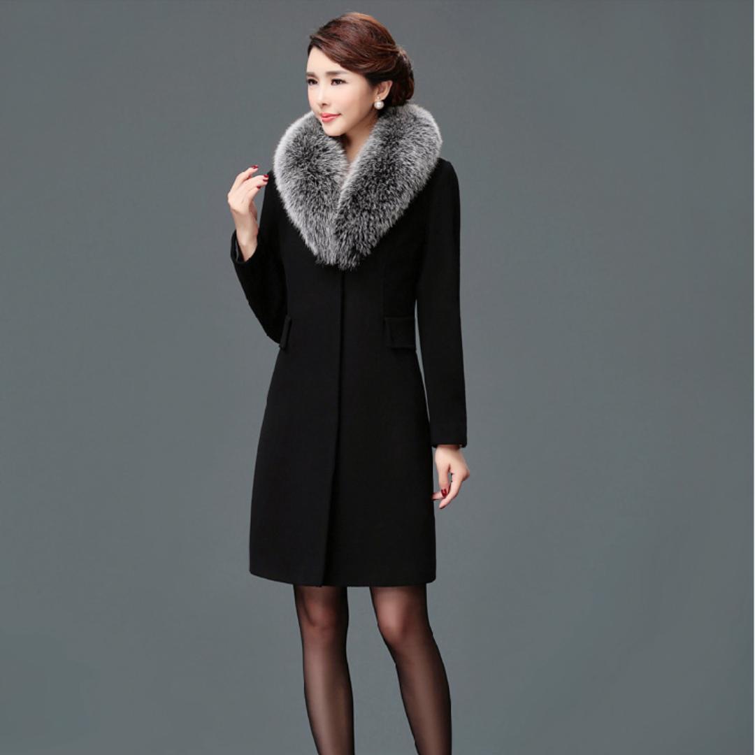 

Женское шерстяное пальто средней длины с шерстяным воротником, однотонная ветровка, куртка, темперамент для похудения, женская M чёрный
