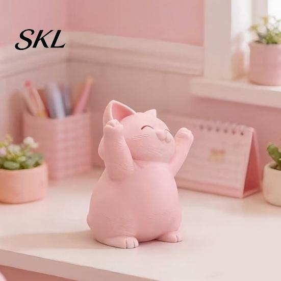 Mechanical Balance Ornaments 3D Printed Pink Hugging Cat Figurine, Adorable Sitting Kitten Statue with Raised Paws, Narrative Space Decor Kawaii Desk