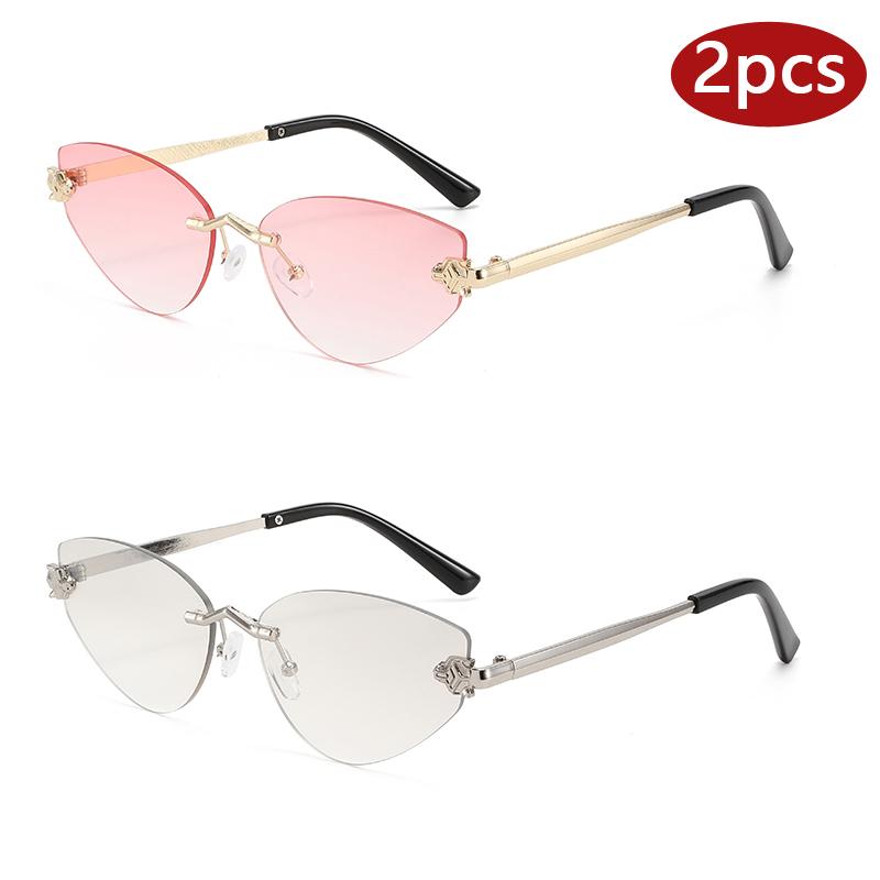 2Pcs Fashion High Quality Cat Eye Rimless Sunglasses For Women Design Gradient Color Uv Protection Sun Glasses Outdoor Shades