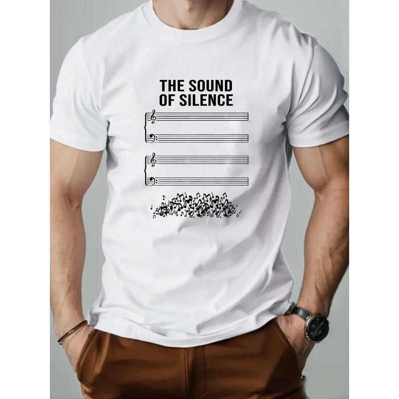 Timefeel Europese Maat Heren THE SOUND OF SILENCE Grafisch T-shirt,Vintage Muzieknoot Ontwerp,Fel Geel Casual Zomers T-shirt,Normaal Korte Mouw Ronde Hals S wit