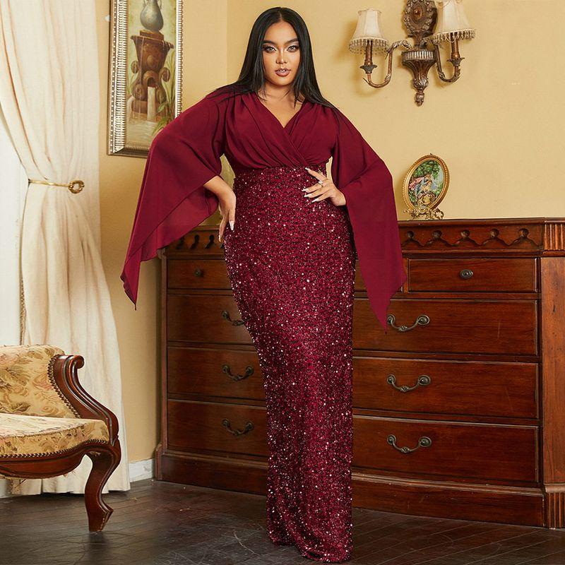 Plus-Size Elegant and Sexy Long Sequined V-Neck Long-Sleeve Evening Gown for Birthday Parties and Bridesmaids