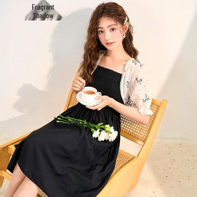 Women s Summer High-Waist A-Line Fake Two-Piece Black Dress M