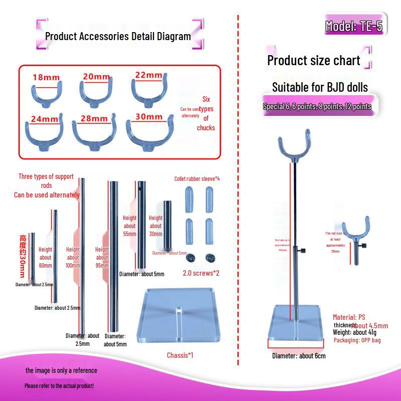 BJD Adjustable Transparent Acrylic PS Doll Stand for Sizes 6/6, 8, and 12