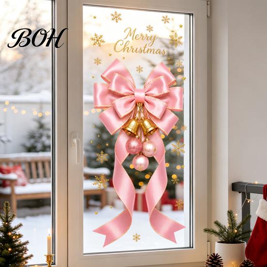 Reusable Christmas Decals Static Glass Sticker, Theme Bow Pattern Print, Removable Indoor Holiday Ornaments Electrostatic PVC Film for Home And Store