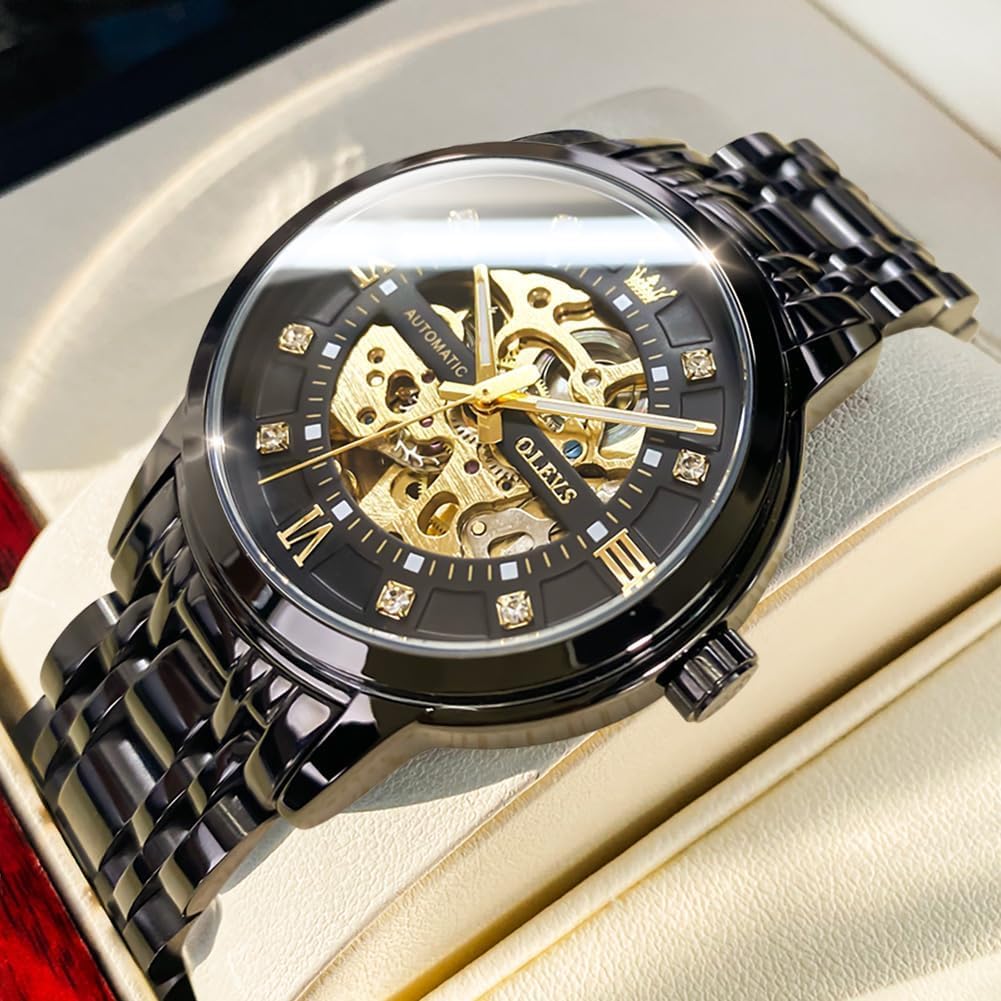 OLEVS Men's Watch Stylish Automatic Mechanical Gentleman Fashion Waterproof Luminous Brand Stainless Steel Black (Gold/Black 9901)