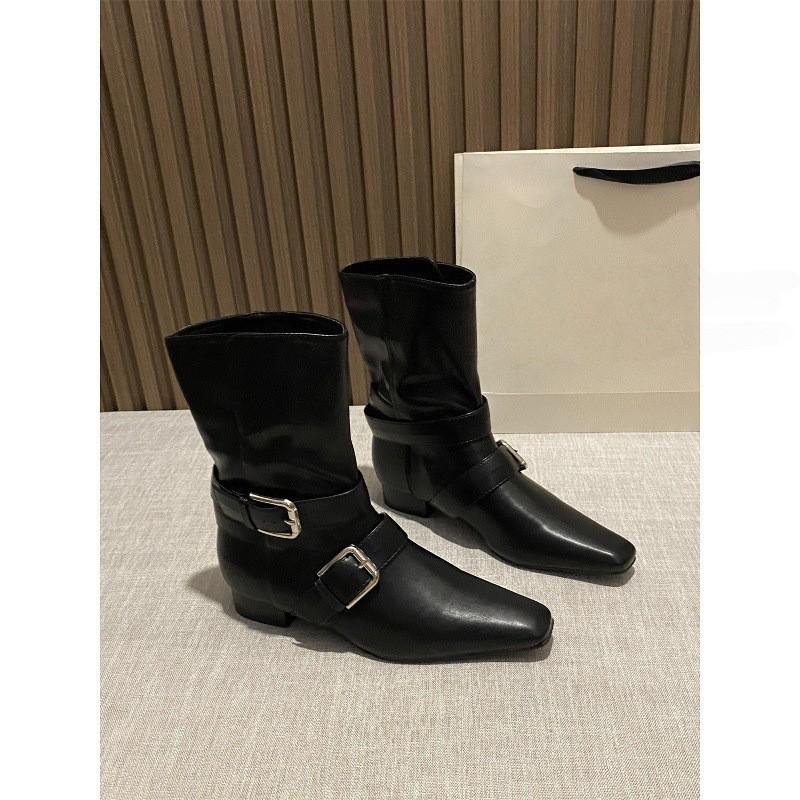 

Fall/Winter 2025 new vintage square-toed suede belt buckle boots, women s thick-heeled wide boots, western boots, Martin boots 42 чорний