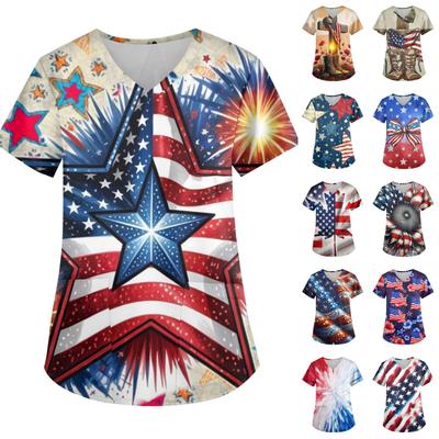 Ladies' Independence Day Printed Fashionable V-neck Pocket Short Sleeved Uniform and Caregiver Top