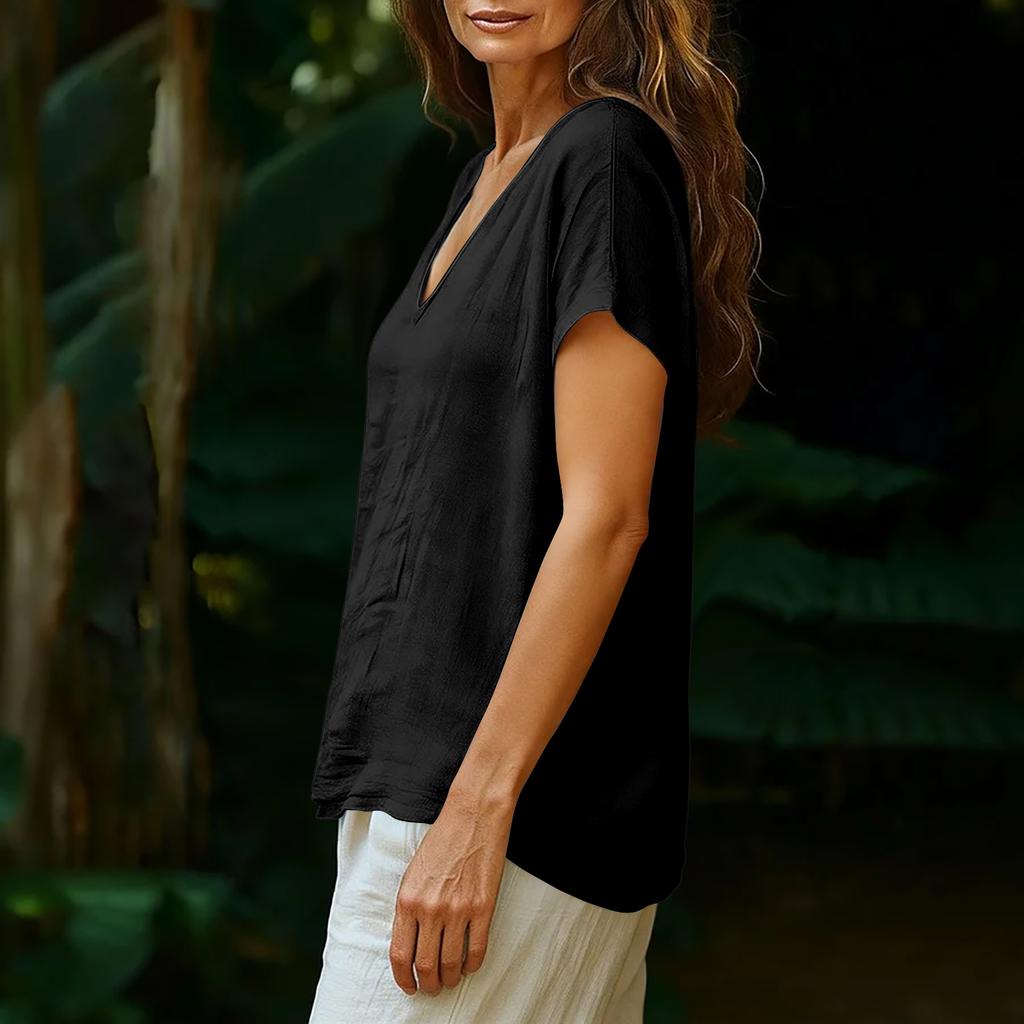 Women's Relaxed-Fit Fashion Cotton-Linen Blend Short-Sleeve V-Neck Pullover Top