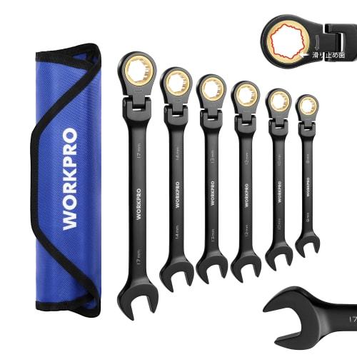 

WORKPRO Combination Wrench, Flex Ratchet Wrench, 6-Piece Set (8, 10, 12, 13, 14, 17mm), Swivel Ratchet, Fits Stripped Bolts and Nuts, 72-Gear Dual-Use