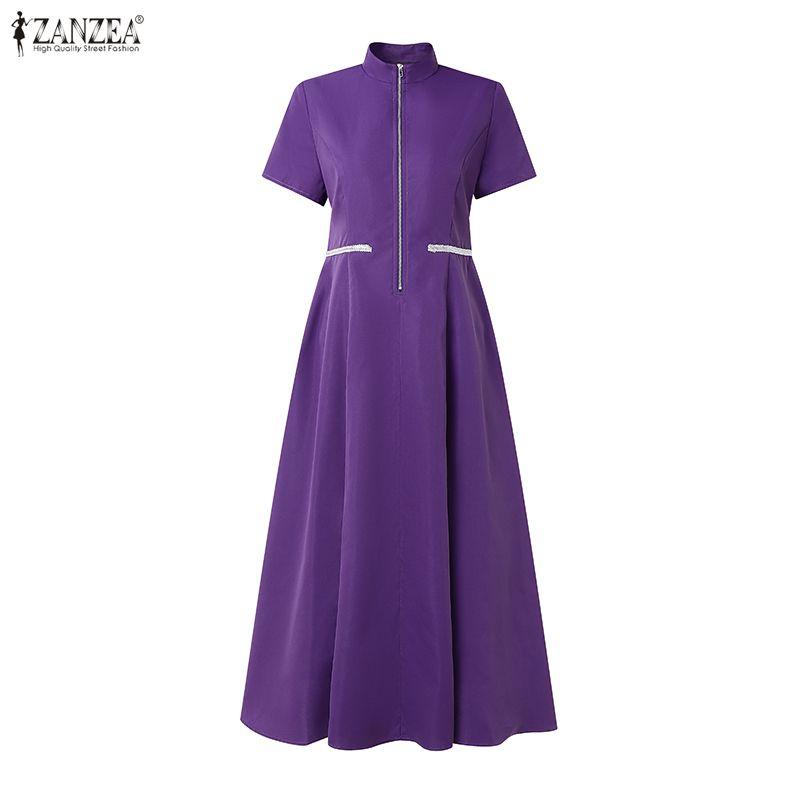 ZANZEA Women Casual Zipper Stand Collar Summer Short Sleeve Dress