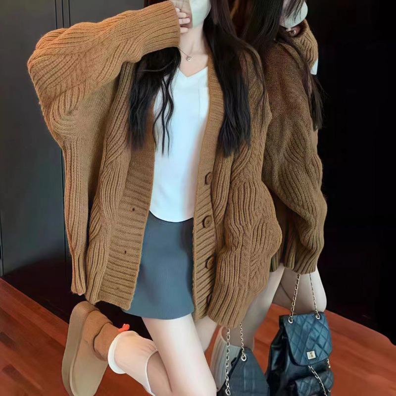 Retro twist knitted cardigan v-neck top autumn and winter new loose lazy wind soft waxy sweater jacket women