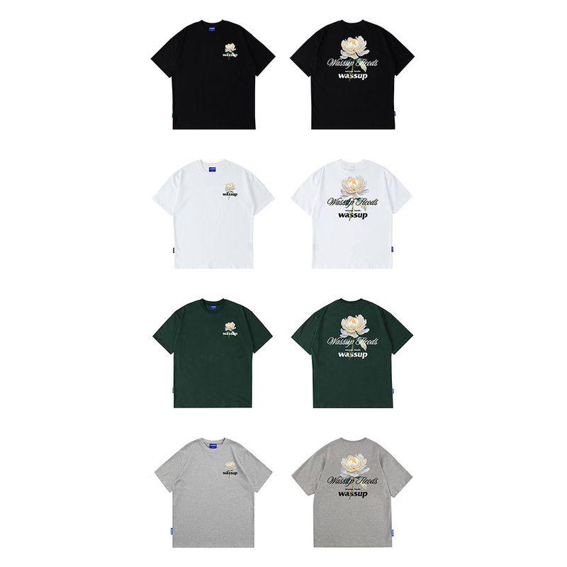 Wassup Flower Language Blooms Couple Versatile Short-Sleeve T-Shirt Summer Heavyweight National Trend Tee Unisex Crew Neck Top