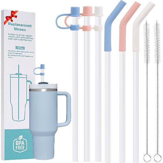 6 Plastic Straws Reble for Stanley Tumbler 30 Oz 40 Oz, 12 Inch Straight Replacement Straw with 6 Colorful Straw Covers, 2 Cleaning Brushes for
