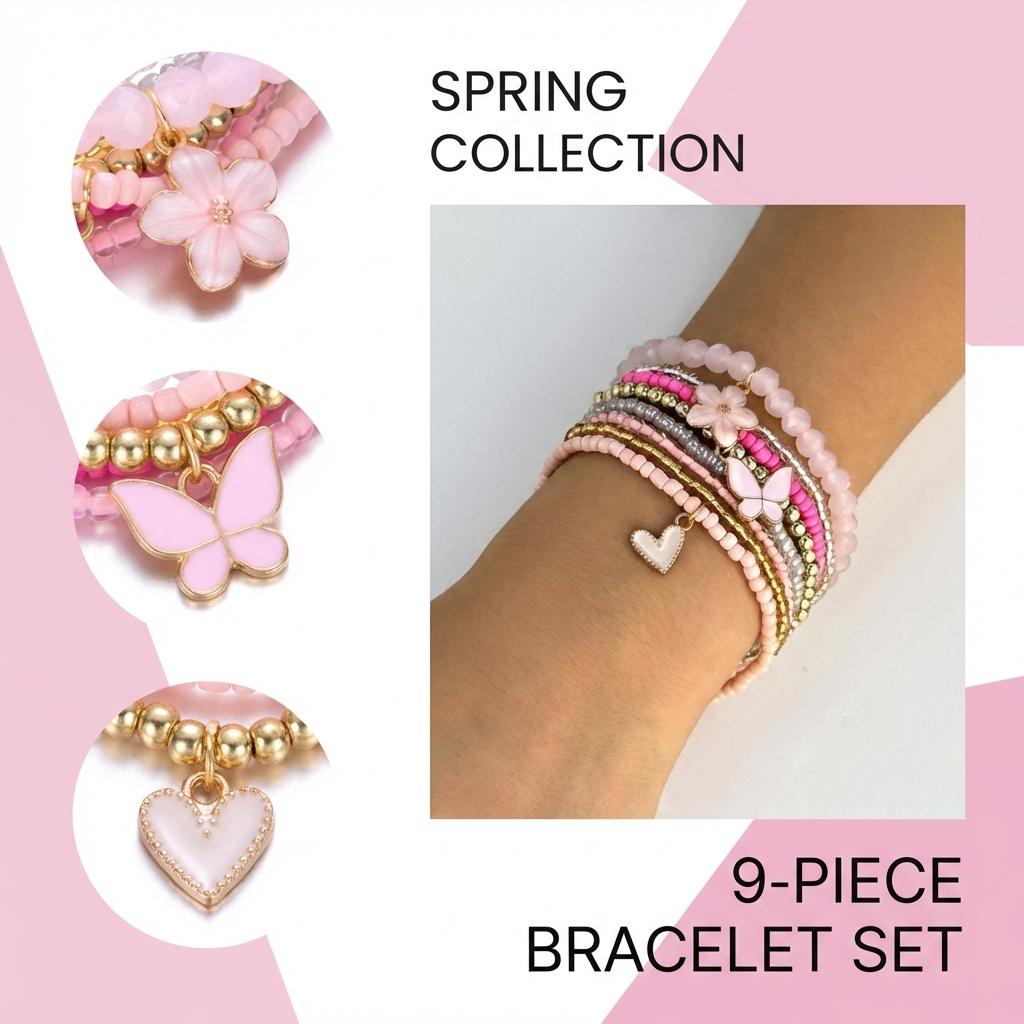 9Pcs/Set Y2K Coquette Layered Bracelet for Women Sweet Pink Butterfly Charm Heart Flower Pendant Stackable Wristband Accessories