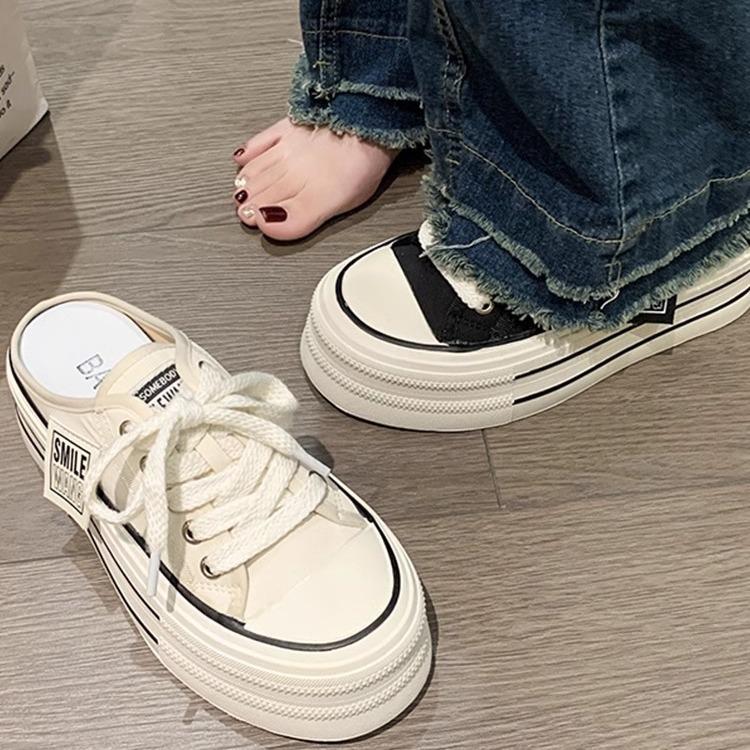 Canvas Half Slippers Women's Summer Wear 2025 New Internet Celebrity Explosion High Sense Thick Bottom Height No Heel Lazy