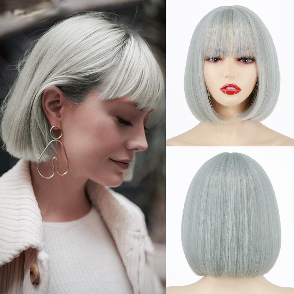 MERISIHAIR Short Bob Wig with Bangs Pure Color Black Brown Wig for Women Synthetic Wigs for Lolita Party Cosplay Daily Use