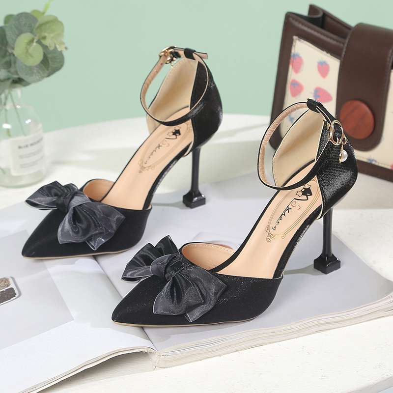 Thin Heel Pointed High Heels Women's Burgundy Bow Wedding Shoes Versatile Cat Heel Single Shoes One-word Buckle Belt Hollow Sandals
