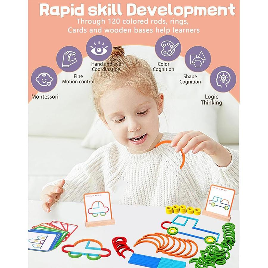 Montessori Smart Sticks Quick Thinking Puzzle Blocks for Toddlers Wooden Sticks and Rings Puzzle Game for Kids Tangram Puzzle